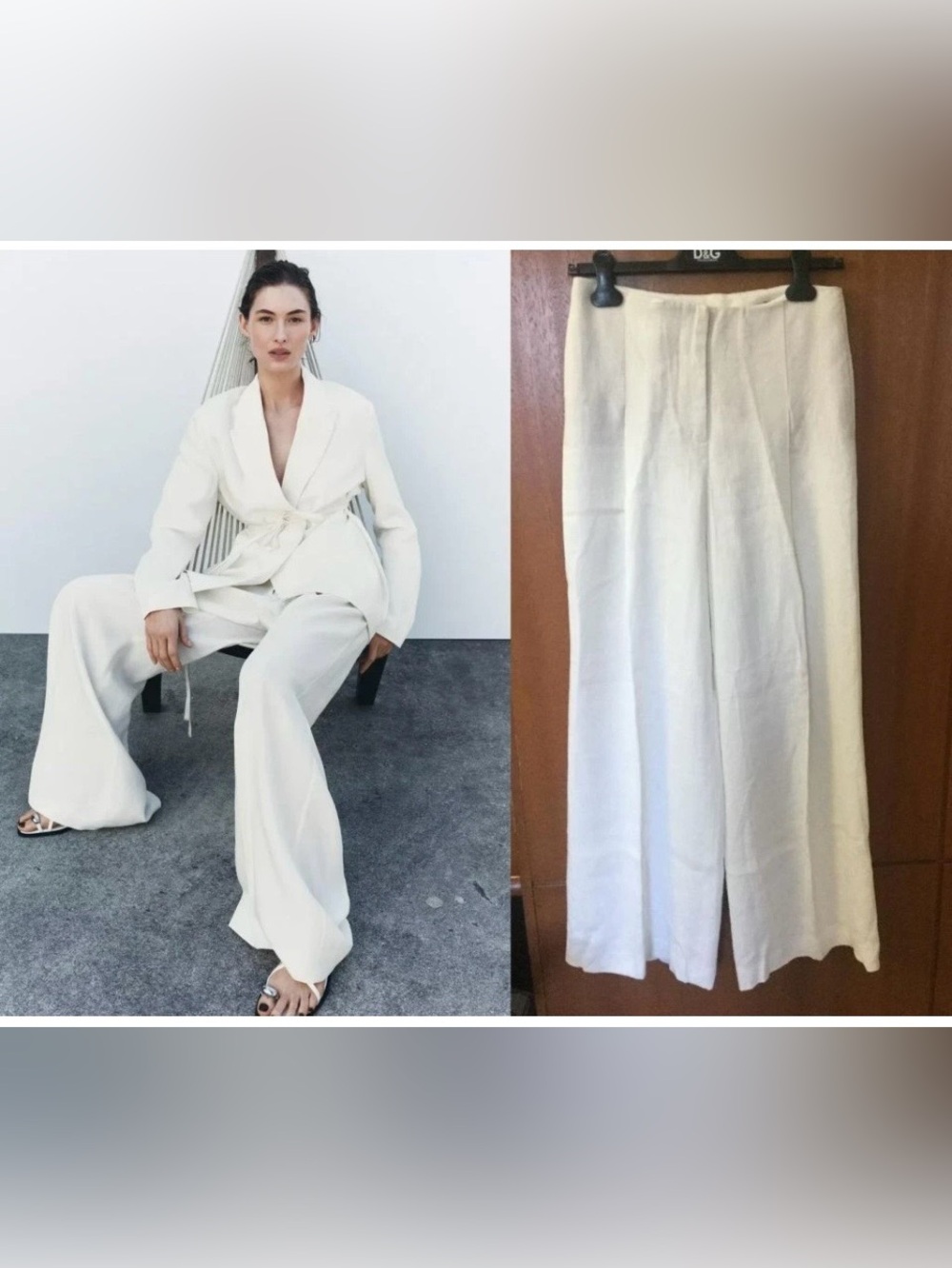 ZARA ZW COLLECTION ECRU WIDE LEG LINEN/VISCOSE TROUSERS, PANTS - L